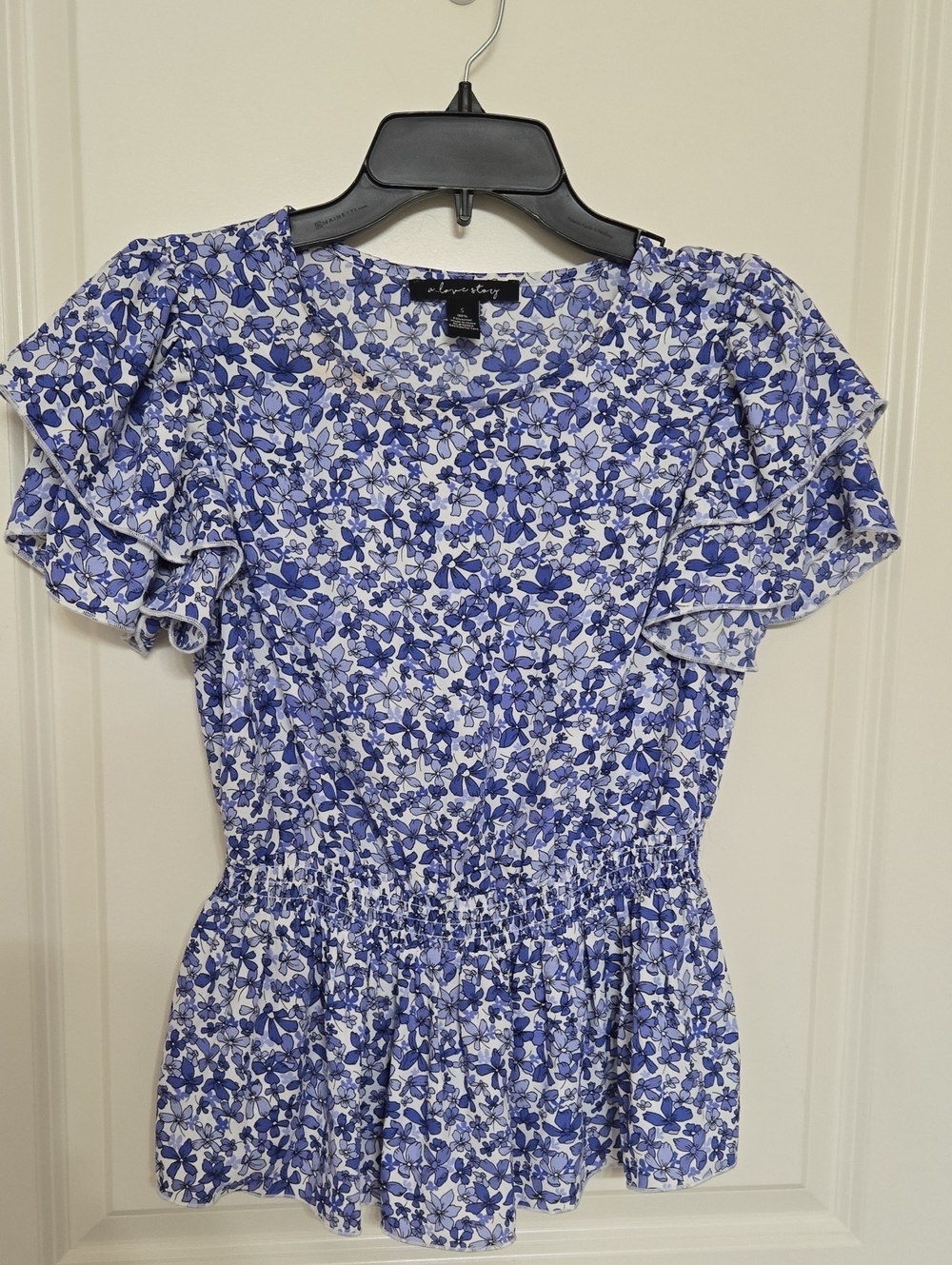 Blue Floral Smocked Waist Mini Dress with Ruffle Sleeves